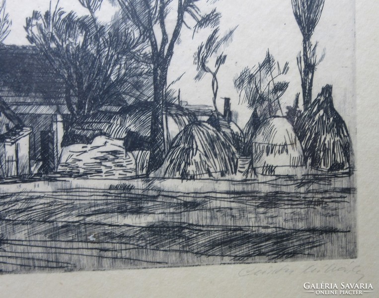 Mihály Csisztu (1933-2008) etching, farm in the Great Plain, marked.53 X 43 cm, 48.5 x 38.5 cm.