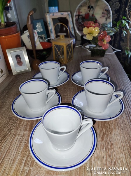 Alföldi porcelain blue-gold striped coffee cups + base (5 pcs.)