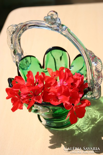 Green blown glass in beautiful basket, flowerpot, flowerpot