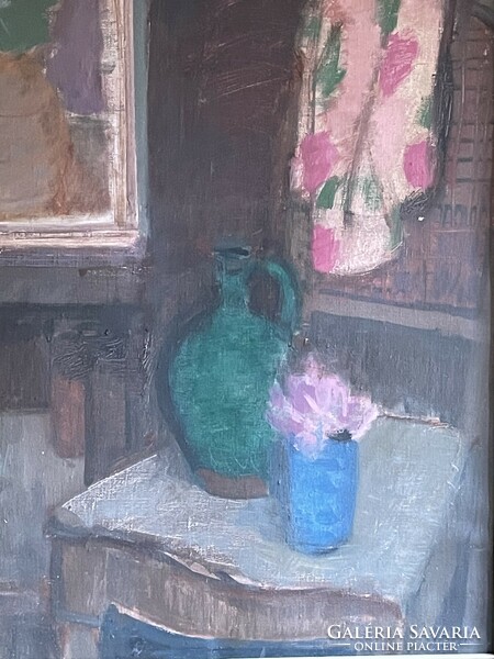 Ilona Tallós - still life with a green jug in an interior...