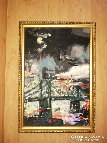 Szőcs: fireworks above the chain bridge, watercolor mixed media, picture frame 25.5*36.5 cm