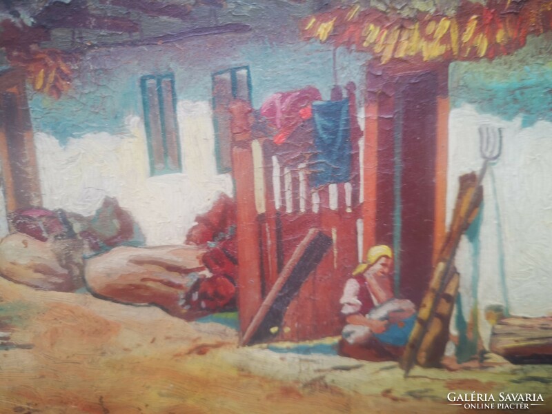 Antik Tájkép festmény falusi tanyasi látkép tyúkok tehenek hölgyek, Harencz, Gutaházi stb stílusú