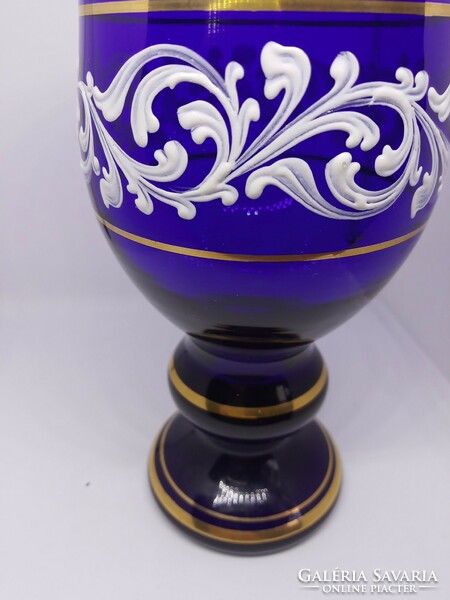 1880 Round cobalt glass cup with gilded and white enamel hand-painted decoration