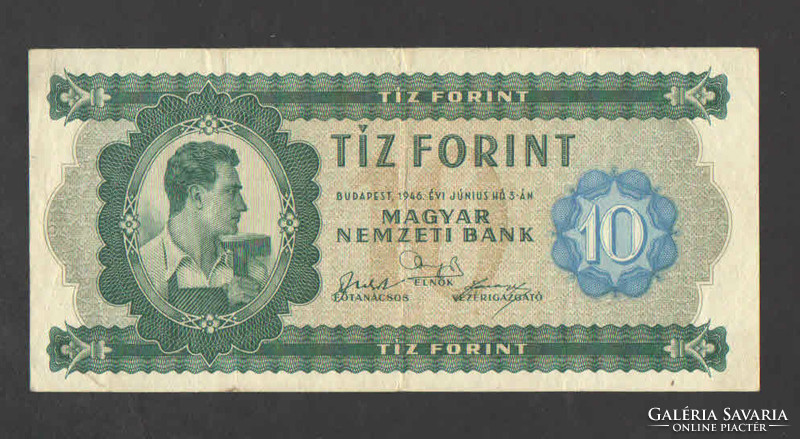 10 forint 1946. Nagyon szép, eredeti tartású bankjegy!! VF+!! RITKA!!