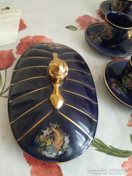 Beautiful, oriental pattern, cobalt blue, gold-plated coffee set, with bowl for sale!