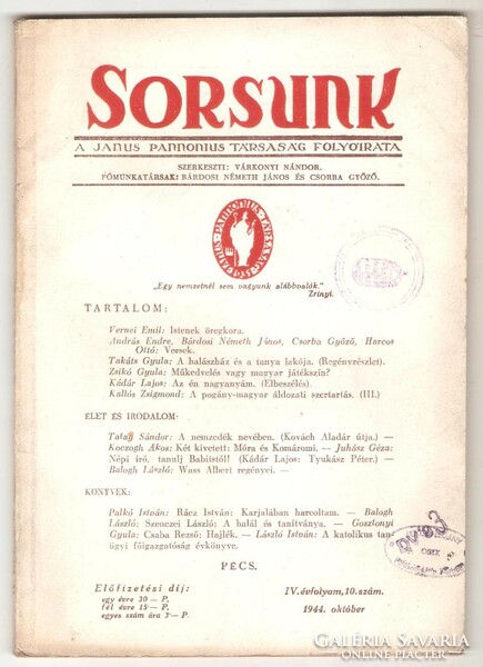 SORSUNK - A Janus Pannonius Társaság folyóirata. 1944