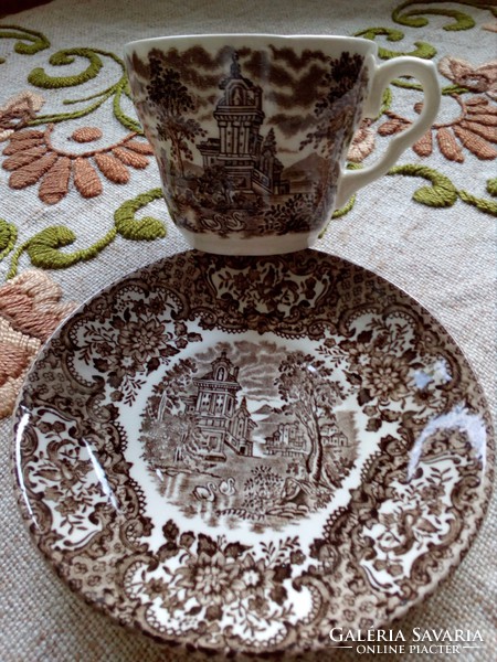 Renaissance castle with swans and antique medallion bird flower designs with English cup coaster