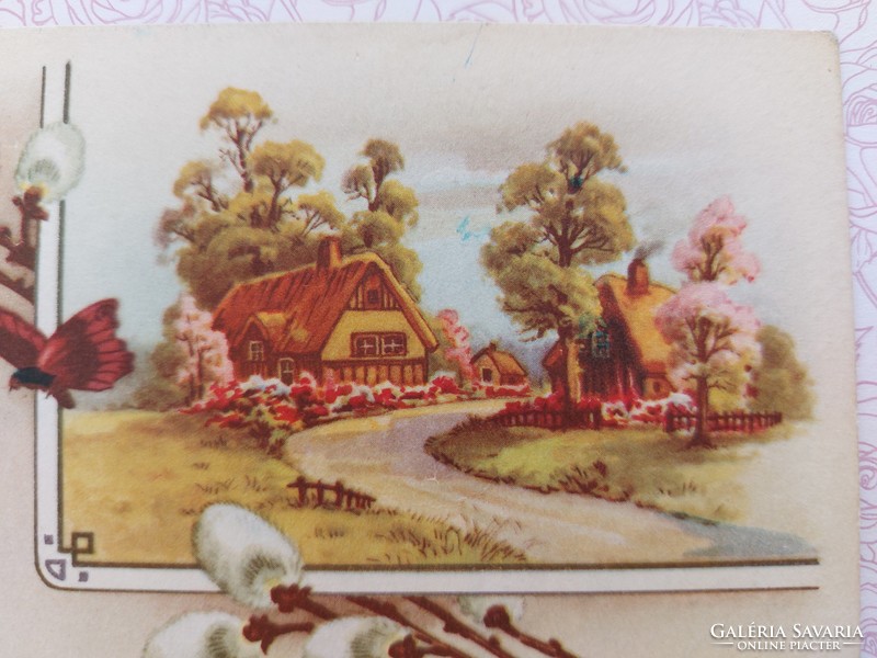 Régi húsvéti képeslap 1948 levelezőlap csibe tájkép barka