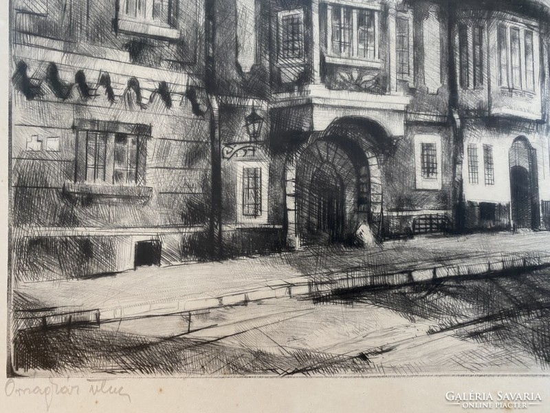 Ferenc Bordás: country house street - etching