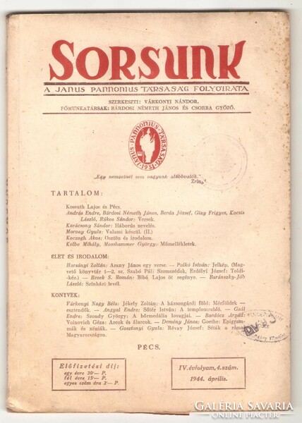 SORSUNK - A Janus Pannonius Társaság folyóirata. 1944