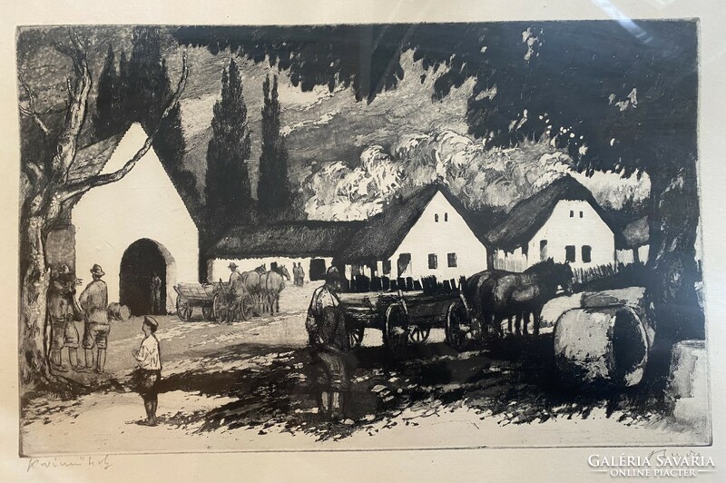 László Bencze: blacksmith's workshop - etching