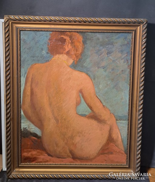 Reverse - old oil painting on canvas with Szilágy mark, contemporary frame - nude - unidentified