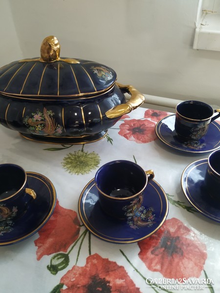Beautiful, oriental pattern, cobalt blue, gold-plated coffee set, with bowl for sale!