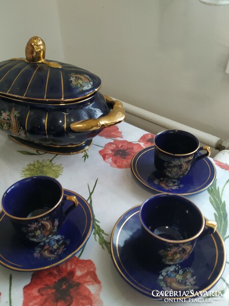 Beautiful, oriental pattern, cobalt blue, gold-plated coffee set, with bowl for sale!