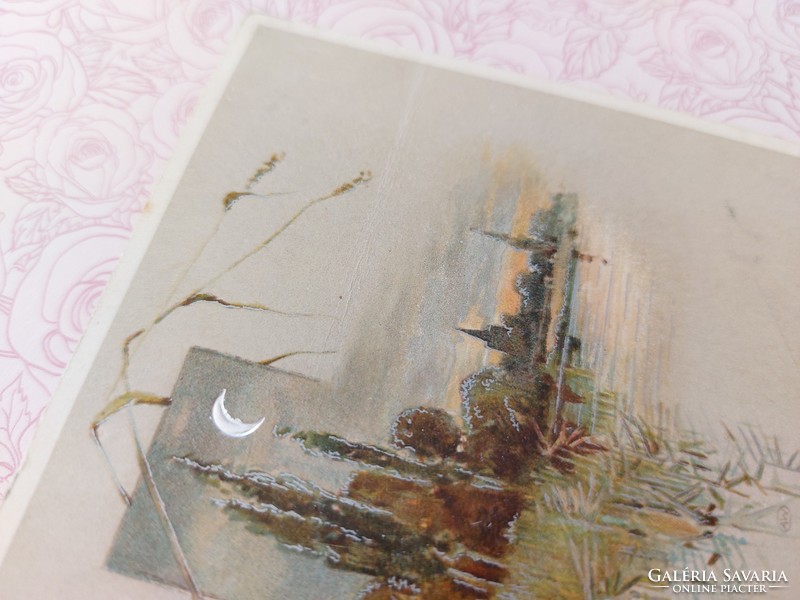 Old postcard 1900 postcard landscape with silver moon motif