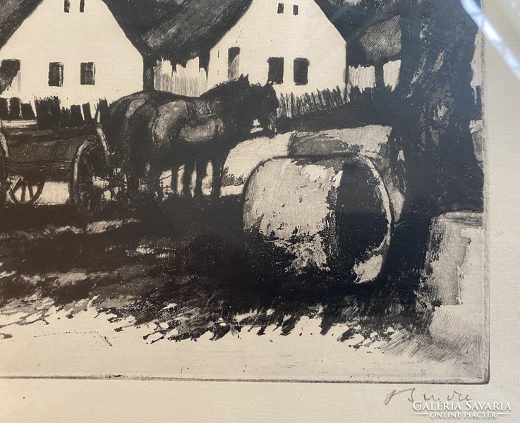 László Bencze: blacksmith's workshop - etching