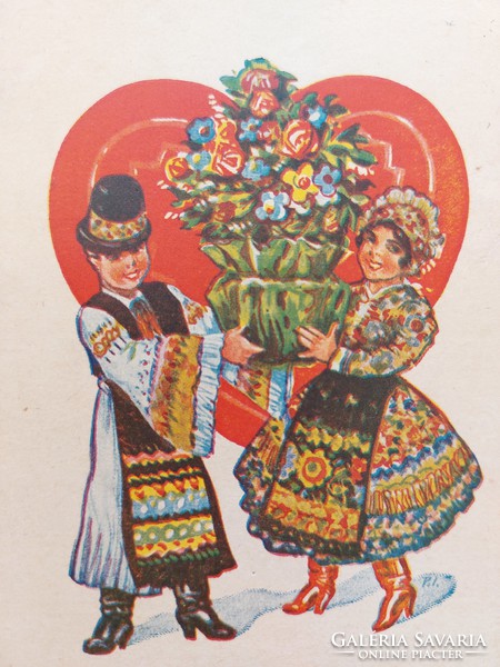Régi húsvéti képeslap 1949 rajzos levelezőlap népviselet szív motívum