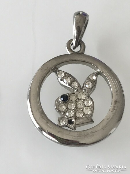Playboy bunny pendant made of stainless steel with small crystals, 4x3 cm