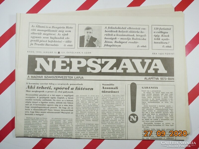 Régi retro újság - Népszava - 1993. január 12.  - A Magyar Szakszervezetek Lapja