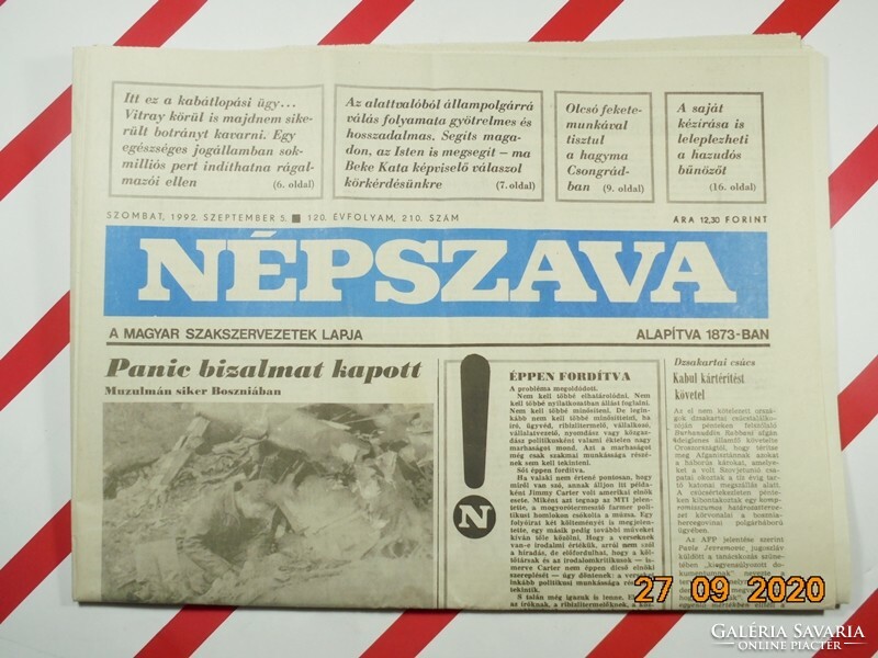 Régi retro újság - Népszava - 1992. szeptember 5.  - A Magyar Szakszervezetek Lapja