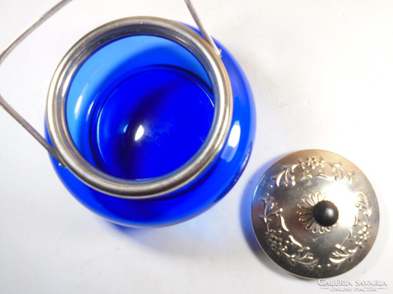 Retro old blue glass sugar bowl sugar bowl with metal lid
