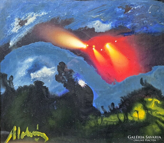The space - with Molnár's mark - painted on a photo, a unique contemporary work - spaceship, UFO, night lights