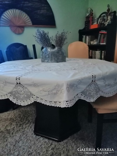 Hand-embroidered and crocheted tablecloth