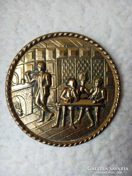 Decorative copper plate with a pub scene