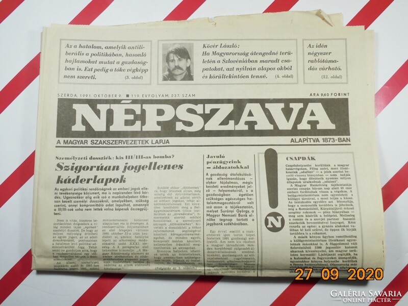 Régi retro újság - Népszava - 1991. október 9.  - A Magyar Szakszervezetek Lapja