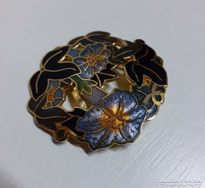 Nice condition gilt fire enamel floral gilt brooch pin scarf clasp