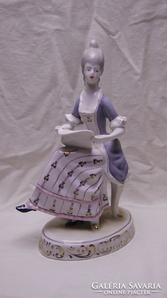 Hollóháza porcelain baroque lady with sheet music, flawless, marked