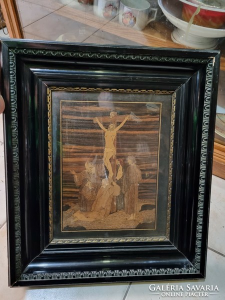Jesus wood marquetry picture in a frame