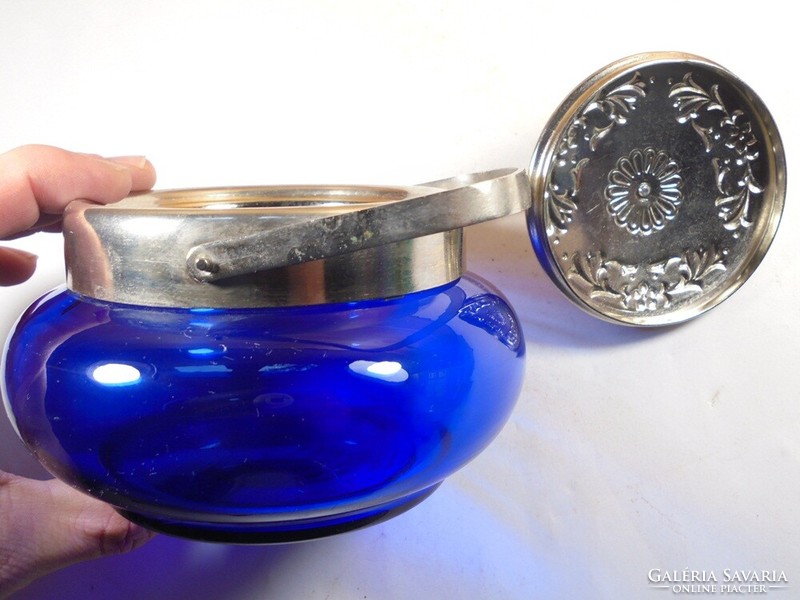 Retro régi kék színű üveg cukortartó cukor tartó fém tetővel