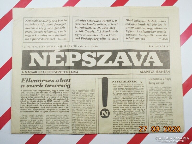 Régi retro újság - Népszava - 1992. szeptember 14.  - A Magyar Szakszervezetek Lapja