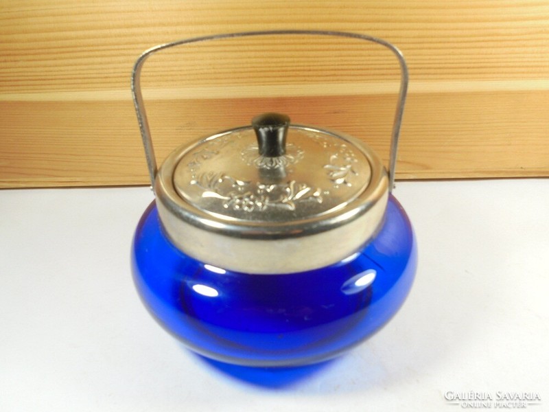 Retro old blue glass sugar bowl sugar bowl with metal lid