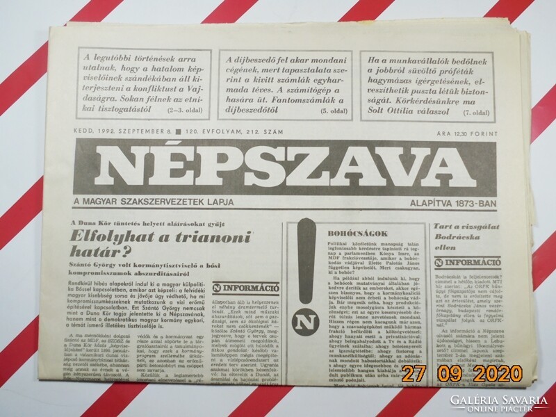 Old retro newspaper - vernacular - September 8, 1992 - The newspaper of the Hungarian trade unions
