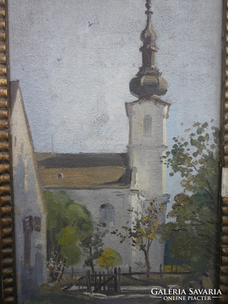 Géza (1906-1970), a miller from Szeged, titled Csökölyi church, oil on canvas work, framed.