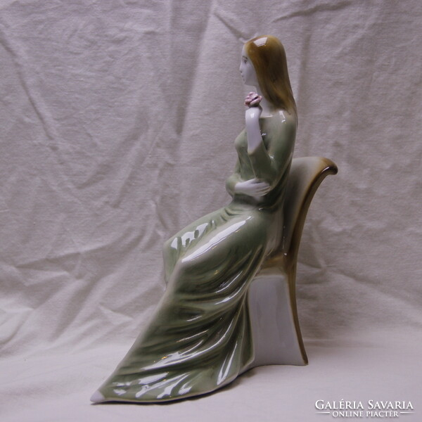 Zsolnay porcelain sitting woman in green dress, flawless, marked