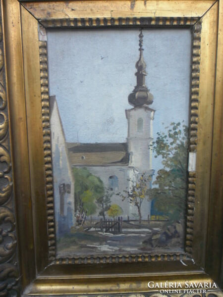 Szegedi Molnár Géza (1906-1970) Csökölyi templom című, olaj-vászon alkotása, keretben.