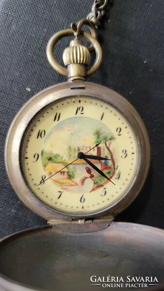 A special bronze cover pocket watch with a dial with a fisherman's scene