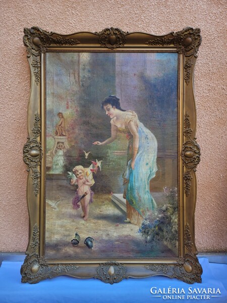 In the footsteps of Zatzka, a painting of a romantic baroque scene with putto