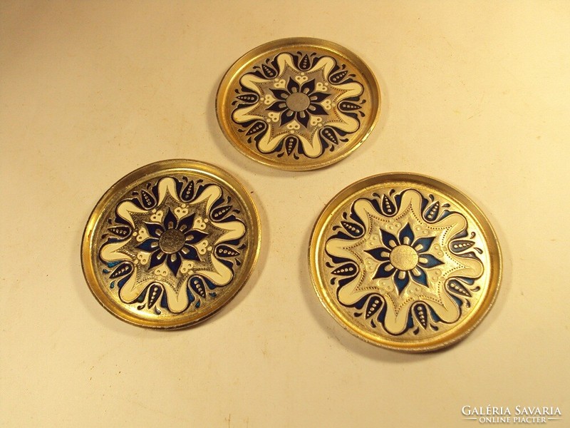 Retro old metal aluminum painted glass coaster 3 pcs - circa 1970s