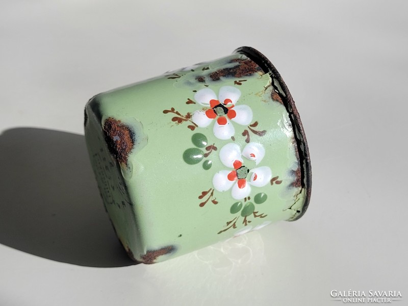 Old antique convex patterned floral enameled enamel children's mug from the period of the monarchy