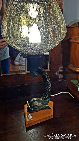 Old table lamp, bedside lamp. A large dolphin made of bronze, holding the wonderful glass veil.