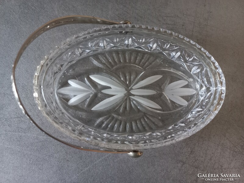 Etched glass basket with metal handle