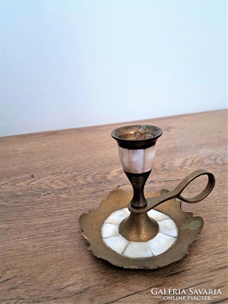 Copper candle holder with mother-of-pearl inlay