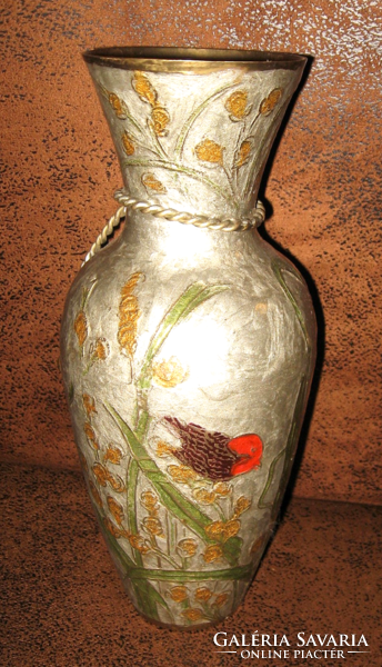 Fire enamel copper vase with a beautiful bird motif and pedestal stand
