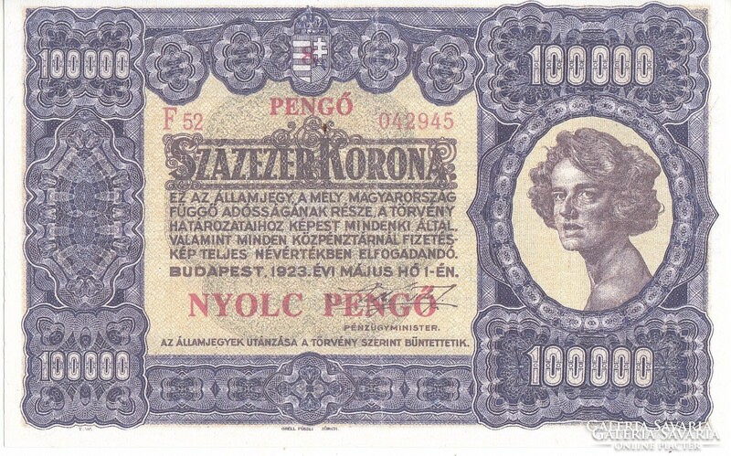 Magyarország 100000 korona / 8 pengő REPLIKA 1923 UNC