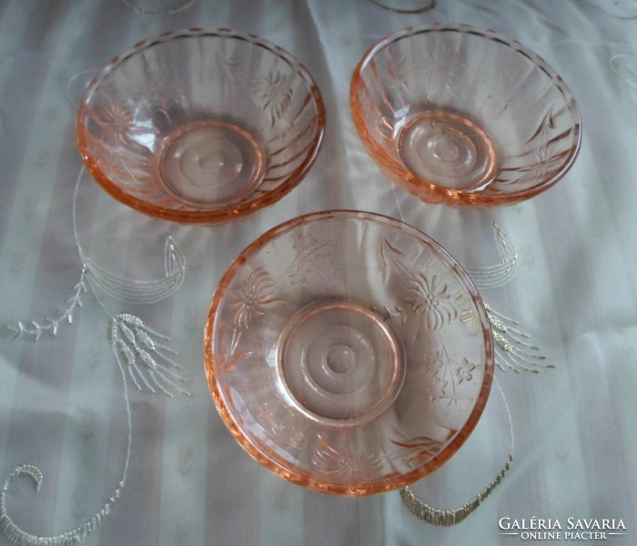 Retro / vintage, peach-colored glass bowl with flower pattern (salad, compote)