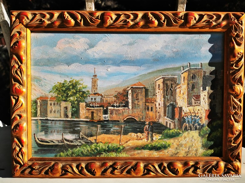 Mediterranean fishing port, oil painting
